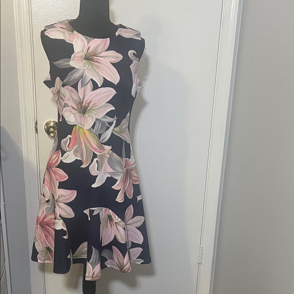 Shelby & Palmer size 8 Flare Navy Midi Large scale Pink & White Floral Dress